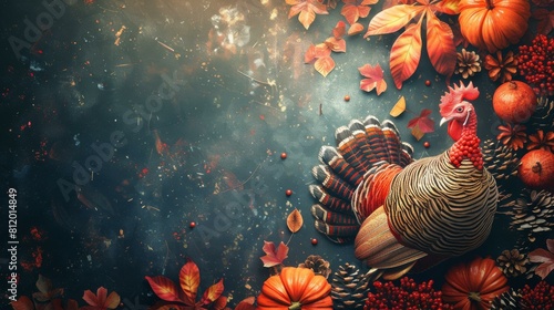 Thanksgiving background with turkey, pumpkins, and fall leaves