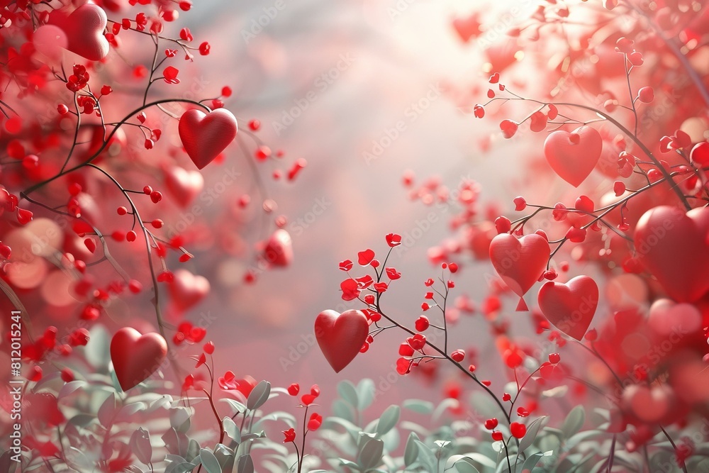 A beautiful image of red heart-shaped flowers and green leaves