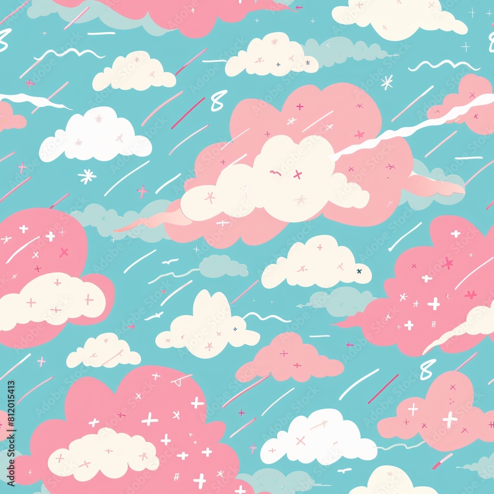 seamless pattern sky with cute white and pink clouds with rain lines on a blue background