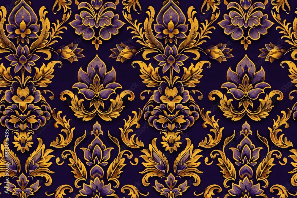 seamless pattern fabric with a luxurious pattern like a flower Use gold color alternating with purple. on a dark background