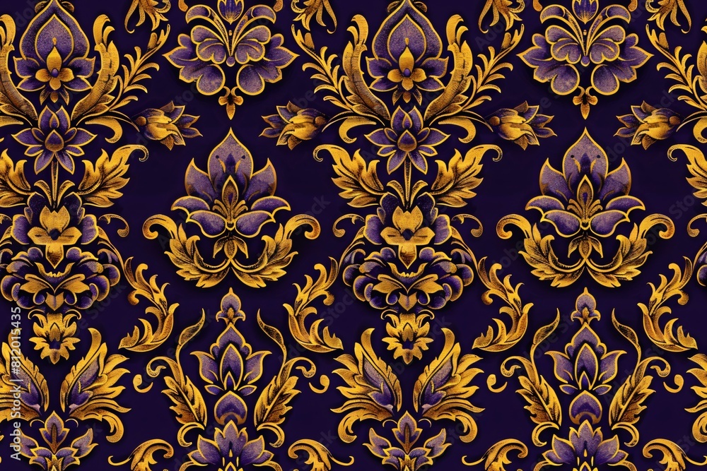 seamless pattern fabric with a luxurious pattern like a flower Use gold color alternating with purple. on a dark background seamless pattern fabric with a luxurious pattern like a flower Use gold color alternating with purple. on a dark background