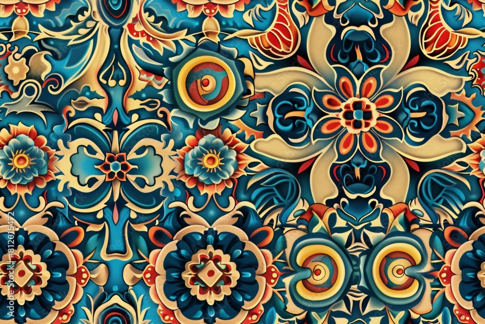 seamless pattern, local fabric pattern in a floral concept Orange, Yellow, Blue, Red seamless pattern, local fabric pattern in a floral concept Orange, Yellow, Blue, Red