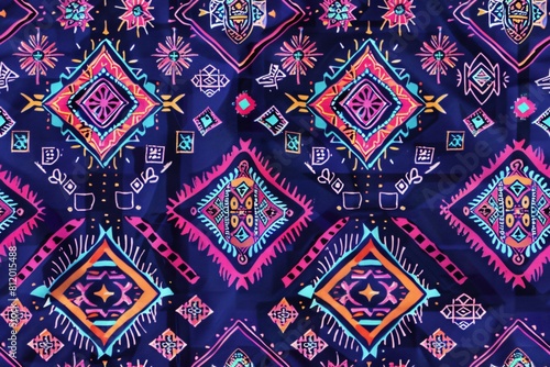 seamless pattern, local fabric pattern in the trapezoidal concept Pink-orange stripes on a dark blue background.