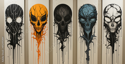 an African drawing by a famous artist. Drawing for an exhibition, for graffiti, for street drawings. Abstract symbols of life in the city nowadays