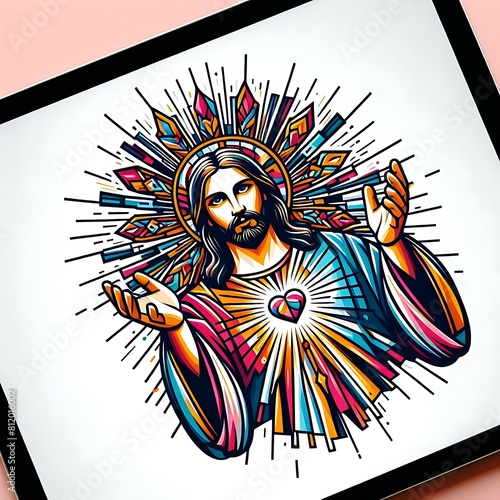 A digital tablet with a colorful image of a person image art realistic lively card design.