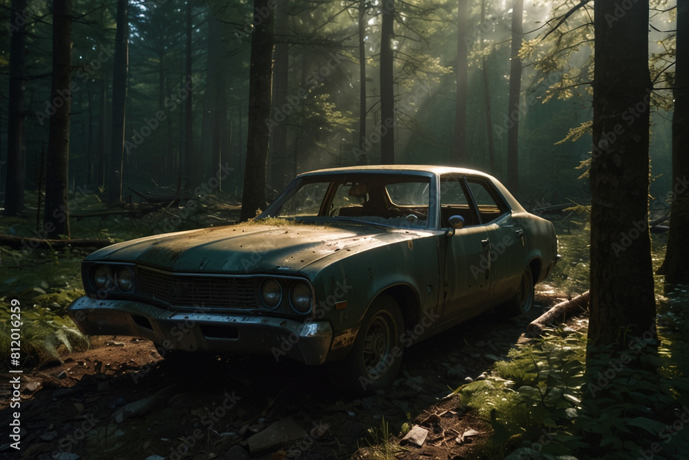 A wrecked car lies abandoned in the middle of a deep Forest A wrecked car lies abandoned in the middle of a deep Forest