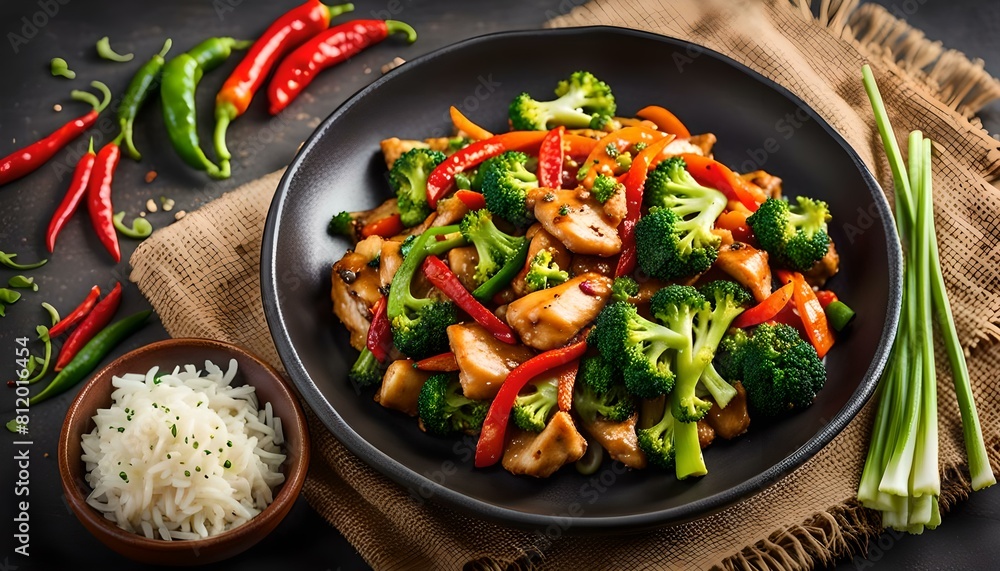 Chicken stir fry with broccoli and sweet pepper garnished with green onions and chili flakes
Chicken stir fry with broccoli and sweet pepper garnished with green onions and chili flakes