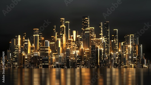 3D rendering of a glowing city skyline at night with lights  skyscrapers and modern architecture buildings illuminated in golden light on a black background. A modern urban landscape of a big city wit