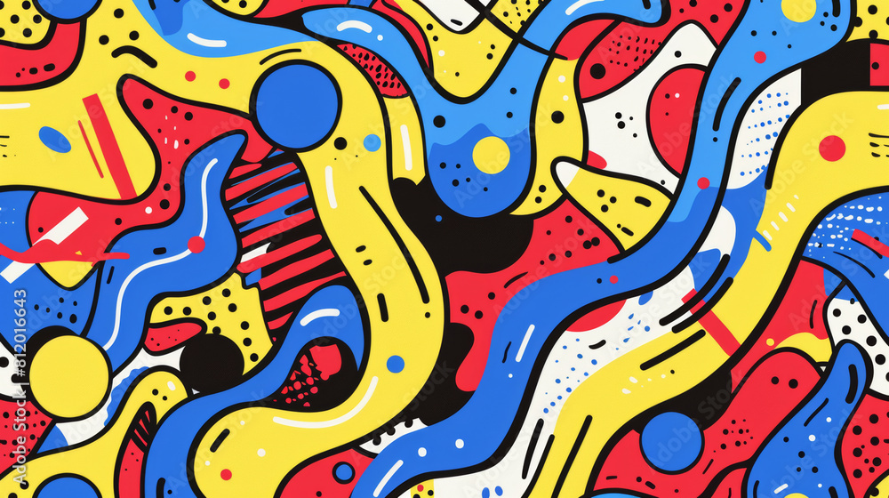 Seamless pattern background pop art in the colors: red, blue, white, black and yellow.