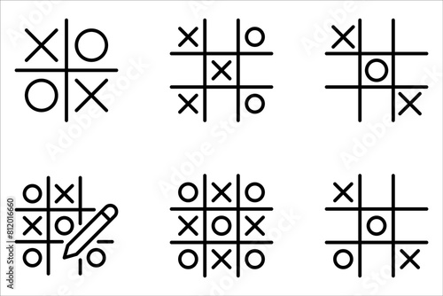 Tic tac toe icons set, noughts and crosses game on white background