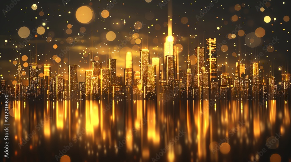 3D rendering of a glowing golden city skyline at night with reflection in the water, illuminated skyscrapers and buildings with bokeh lights. Modern metropolis. Bright cityscape background. Concept fu