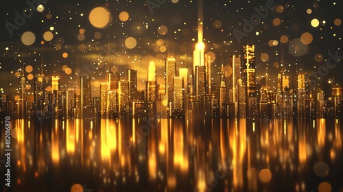 3D rendering of a glowing golden city skyline at night with reflection in the water, illuminated skyscrapers and buildings with bokeh lights. Modern metropolis. Bright cityscape background. Concept fu