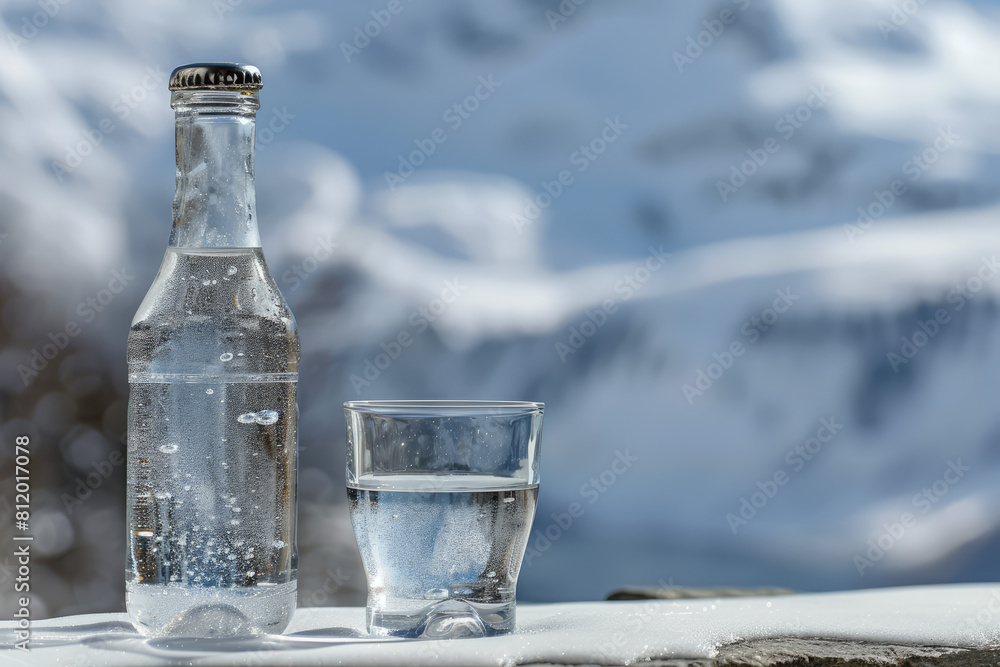 Bottle and glass of pouring crystal water against blurred nature snow mountain landscape background Bottle and glass of pouring crystal water against blurred nature snow mountain landscape background