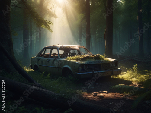 A wrecked car lies abandoned in the middle of a deep Forest