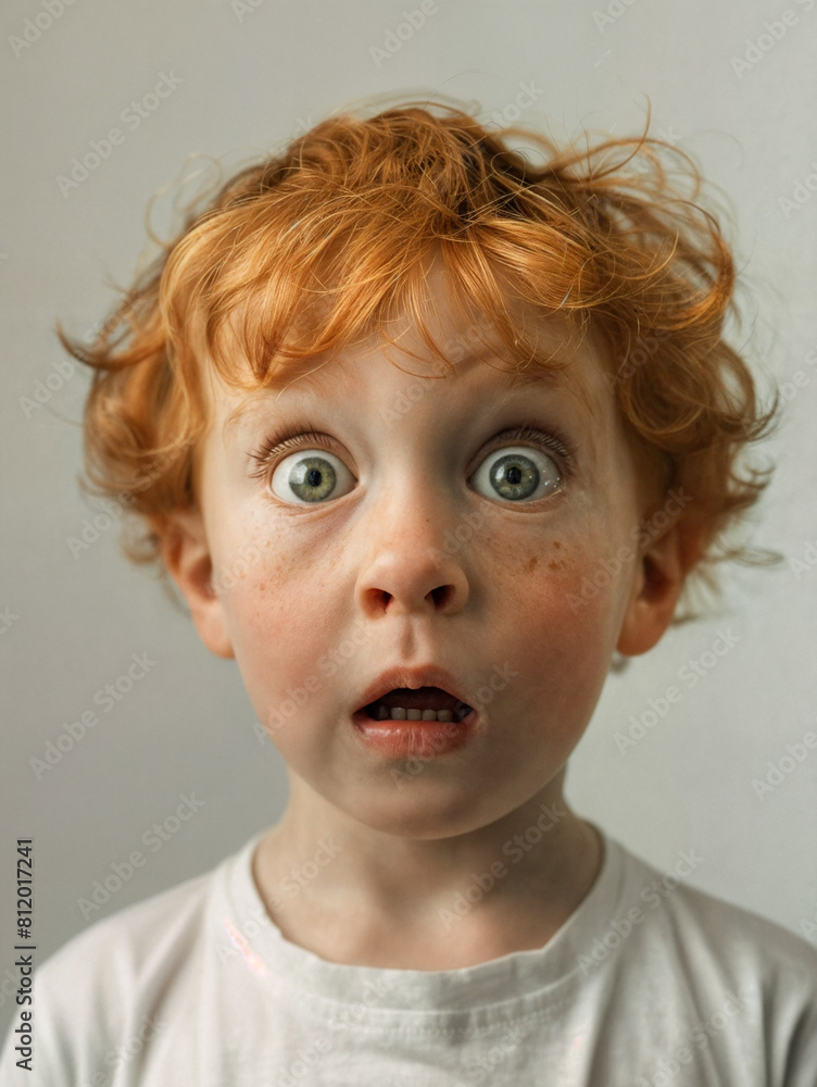 Surprised boy with wide eyes on a grey background. Confused face of a child with open mouth Surprised boy with wide eyes on a grey background. Confused face of a child with open mouth