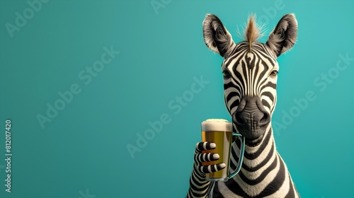 Zebra Holding Mug of Beer on Teal Background in 3D Render with Studio Lighting and Natural Look