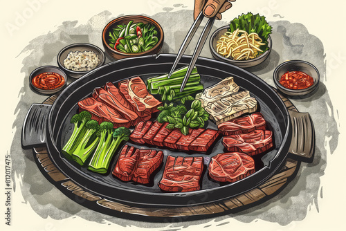 hand drawn korean bbq illustration photo