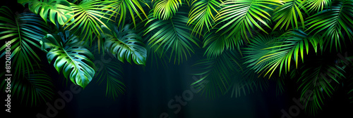 Tropical palm tree leaves adorn a dark background in a lush forest setting