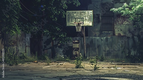 basketball hoop standing proudly amidst the cracked pavement. A small grill sits in one corner, often used for impromptu cookouts and late-night hangouts under the stars  photo