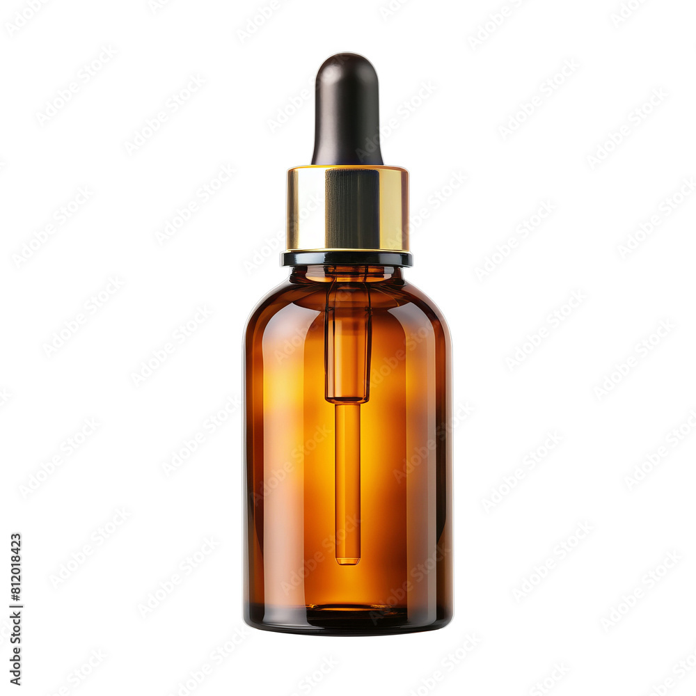 Amber glass cosmetic pipette dropper bottle isolated on white transparent background