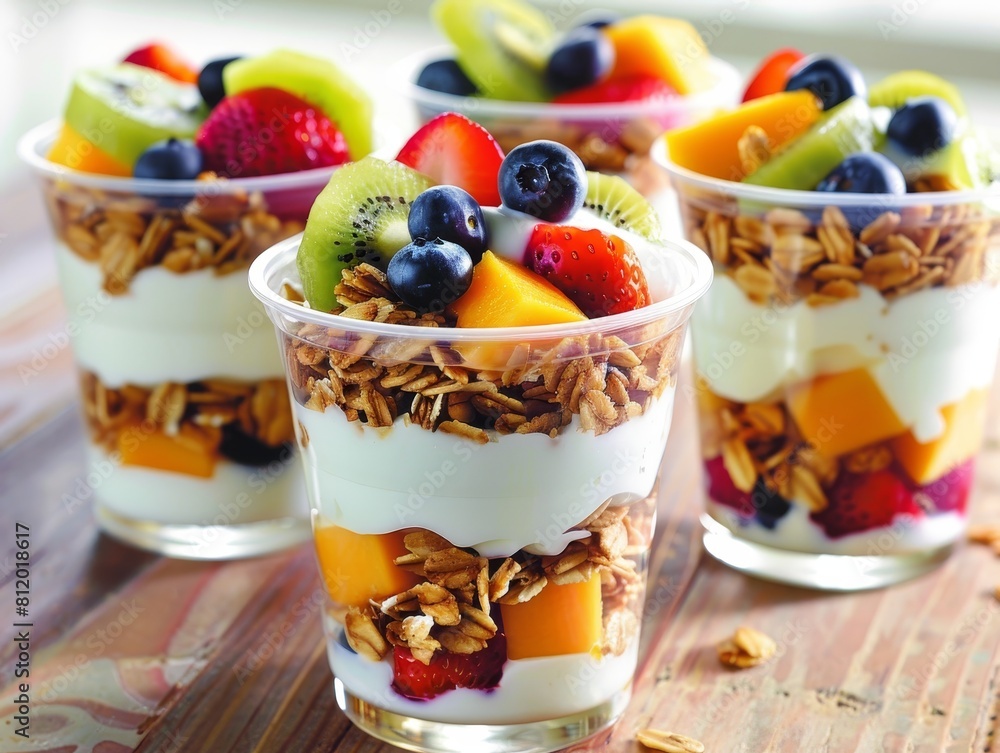 A colorful fruit salad is served in four small cups A colorful fruit salad is served in four small cups