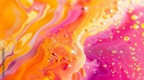 Detailed close-up of a vibrant mixture of pink, orange, and yellow liquid creating an abstract and colorful pattern