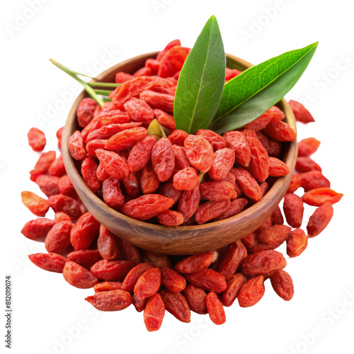 Goji berries berry isolated on white transparent background. Dried goji berry in a bowl, preparations ayurvedic medicine and ingredients photo