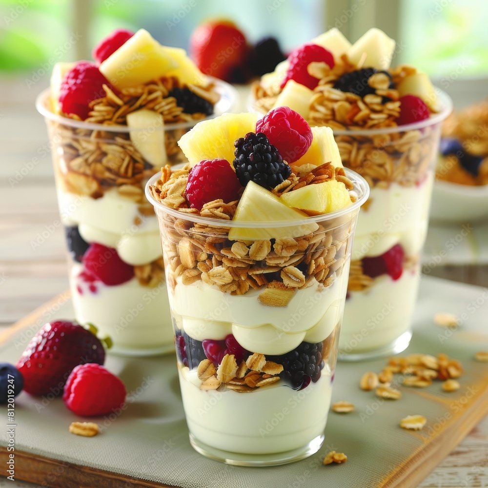 A close up of three small cups of fruit and granola A close up of three small cups of fruit and granola