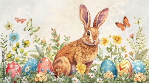 Na obrazie został przedstawiony królik w otoczeniu kwiatów i motyli. Obraz jest wykonany ręcznie i idealnie nadaje się na kartkę świąteczną z motywami wielkanocnymi