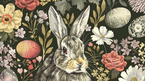 Na obrazie przedstawiony jest królik otoczony kwiatami i jajami, w klasycznym świątecznym motywie Wielkanocy