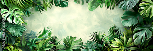 Daytime sky peeking through green tropical leaves on white background