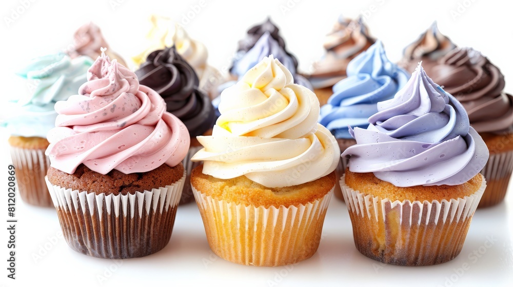 Cupcakes with swirling icing, each a different flavor, isolated for clarity