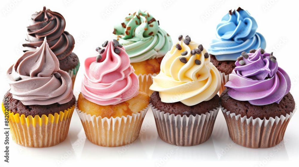 Cupcakes with swirling icing, each a different flavor, isolated for clarity Cupcakes with swirling icing, each a different flavor, isolated for clarity