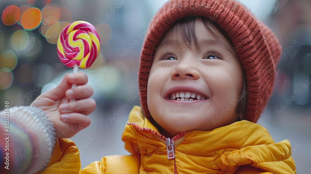 Child's face lighting up with joy as they receive a lollipop