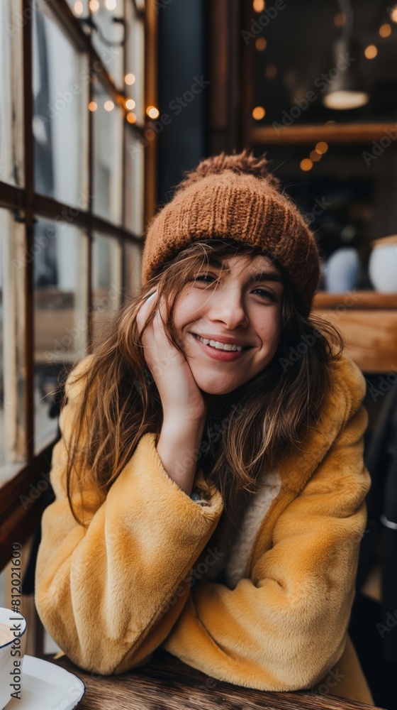 Woman sitting at table with a cup of coffee Woman sitting at table with a cup of coffee