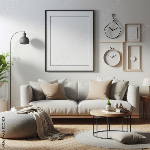 A living room with a template mockup poster empty white and with a couch and a round table image realistic harmony has illustrative meaning.