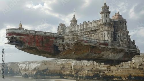 A ship is flying in the sky above a rocky shore