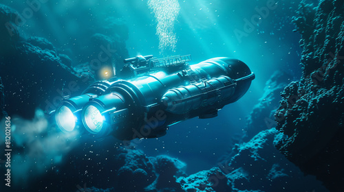 A futuristic submarine is flying through the ocean