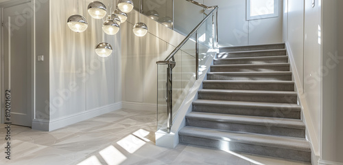 Modern home foyer with light gray carpeted stairs accented by a chrome panel banister and clean white walls A cluster of minimalistic pendant lights casts a chic shadow