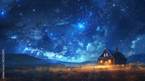 Fantasy Cabin Under Starry Sky. concept art