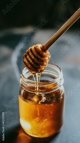 A honey jar filled with golden honey, accompanied by a wooden honey dipper