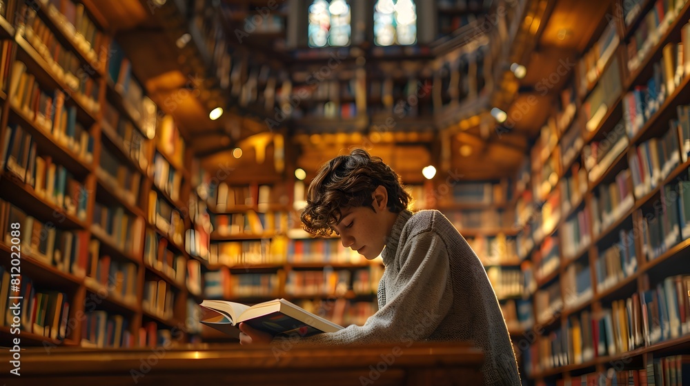 Fototapeta premium Intently Immersed in the Warmth and Tranquility of a Cozy Library Surrounded by Towering Bookshelves