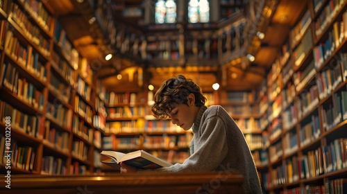 Intently Immersed in the Warmth and Tranquility of a Cozy Library Surrounded by Towering Bookshelves
