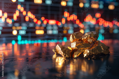 A pile of gold coins sits on a table in front of a graph of stock prices