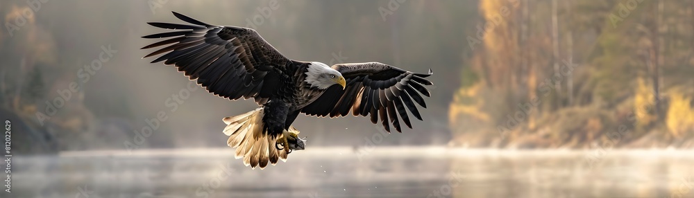 Majestic Eagle Diving for Fish in Serene Lake Landscape Majestic Eagle Diving for Fish in Serene Lake Landscape