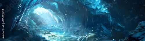 Adventurers Discover Enchanting Glacier Cavern Filled with Ancient Artifacts Glittering in Sunlit Icy Depths photo