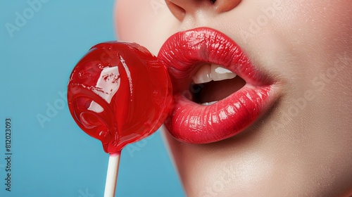 Close-up of lips puckered around a sweet lollipop for a tasty bite photo
