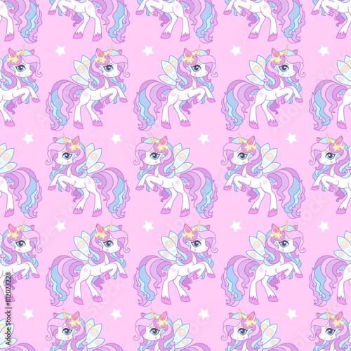 Seamless pattern with white unicorns with a rainbow mane and tail on a pink background with stars. For children's fabric design, wallpaper, backgrounds, wrapping paper, etc. Vector