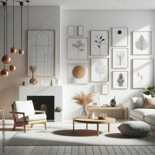 A living room with a template mockup poster empty white and with a fireplace and art on the wall art realistic used for printing.