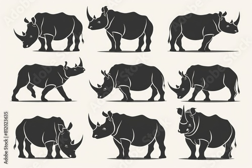 Set of rhino silhouettes on a plain white background. Great for educational materials or wildlife conservation projects